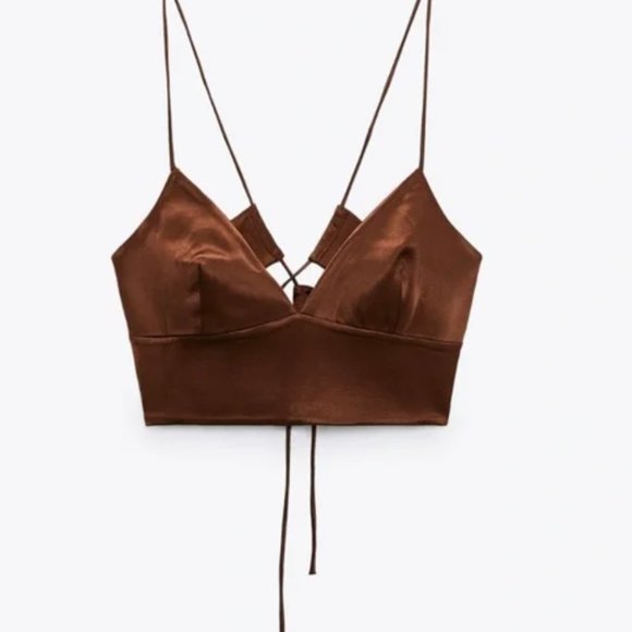 Zara Tops Zara Satin Effect Brown Crop Top Poshmark